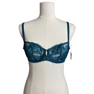Simone Perele Lace Balconette Bra Womens 34B Blue Sheer Unlined Underwire Floral